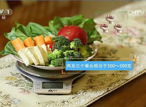 CCTV生活提示：《中国儿童少年营养与健康报告2016》提倡学生每天吃肉８０－１１０克（相当于一个煎蛋的大小）；蔬菜３００－５００克；水果２００－４００克（蔬菜＋水果〉５份）_02.jpg