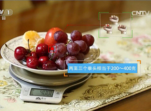 CCTV生活提示：《中国儿童少年营养与健康报告2016》提倡学生每天吃肉８０－１１０克（相当于一个煎蛋的大小）；蔬菜３００－５００克；水果２００－４００克（蔬菜＋水果〉５份）_03.jpg