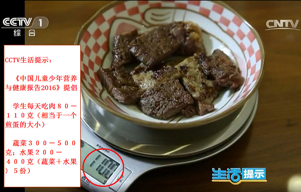 CCTV生活提示：《中国儿童少年营养与健康报告2016》提倡学生每天吃肉８０－１１０克（相当于一个煎蛋的大小）；蔬菜３００－５００克；水果２００－４００克（蔬菜＋水果〉５份）_05（勾注）.jpg